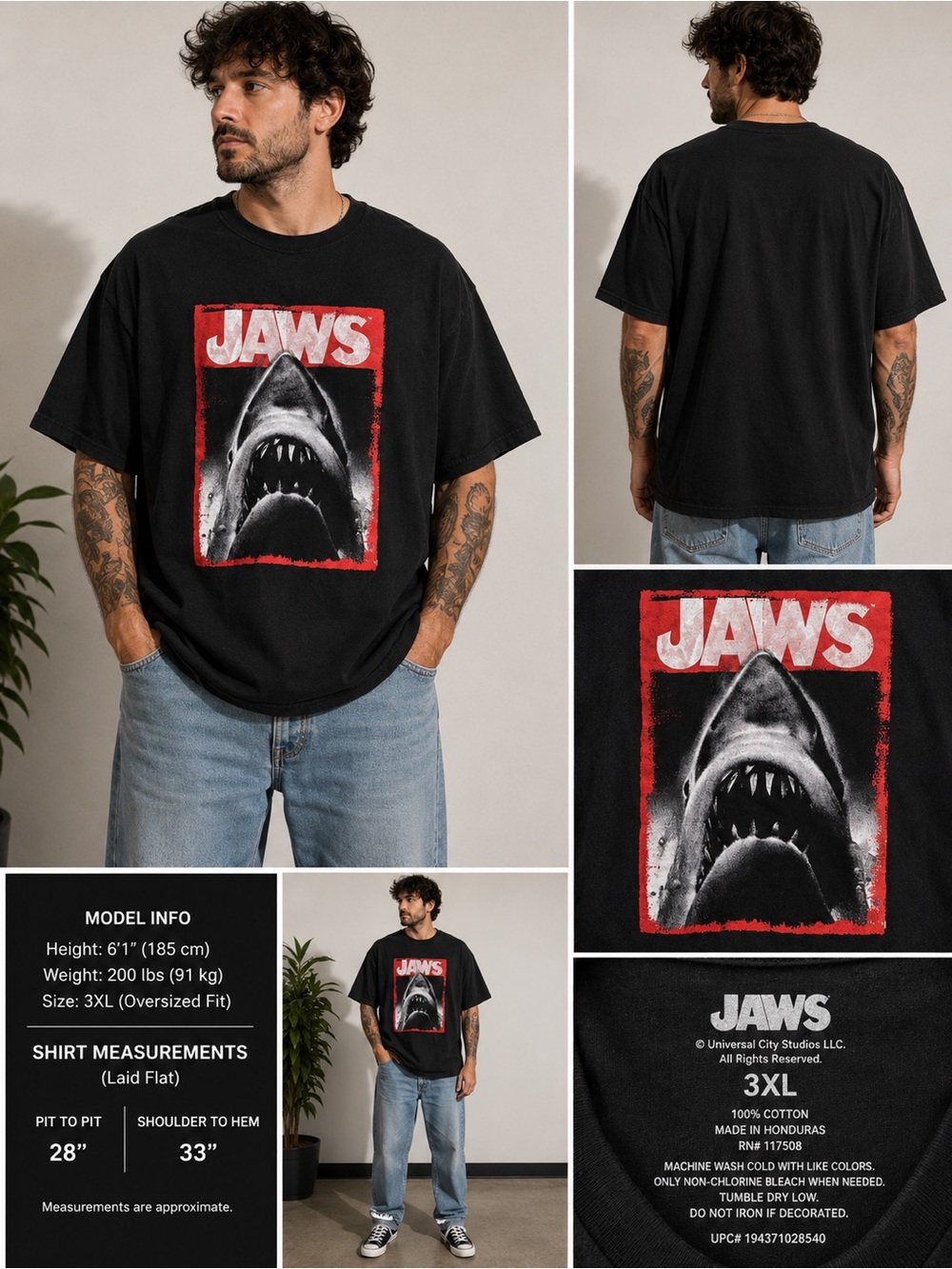 JAWS Shark Graphic T Shirt Men's 3XL Black Universal Studios Movie Horror Tee